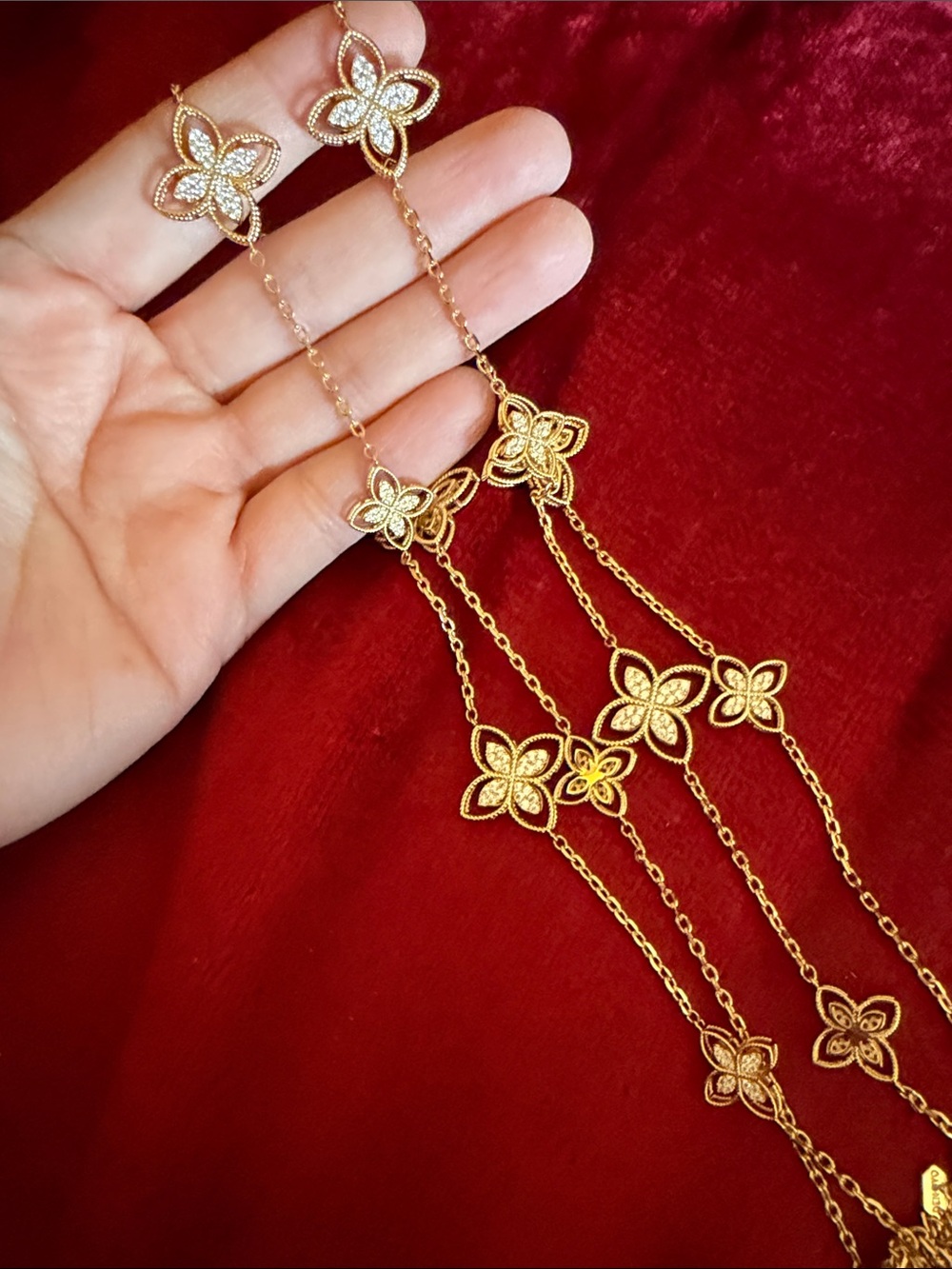 Gold Floral Station Long Necklace - Women Jewelry 19” long - Picture 4 of 6